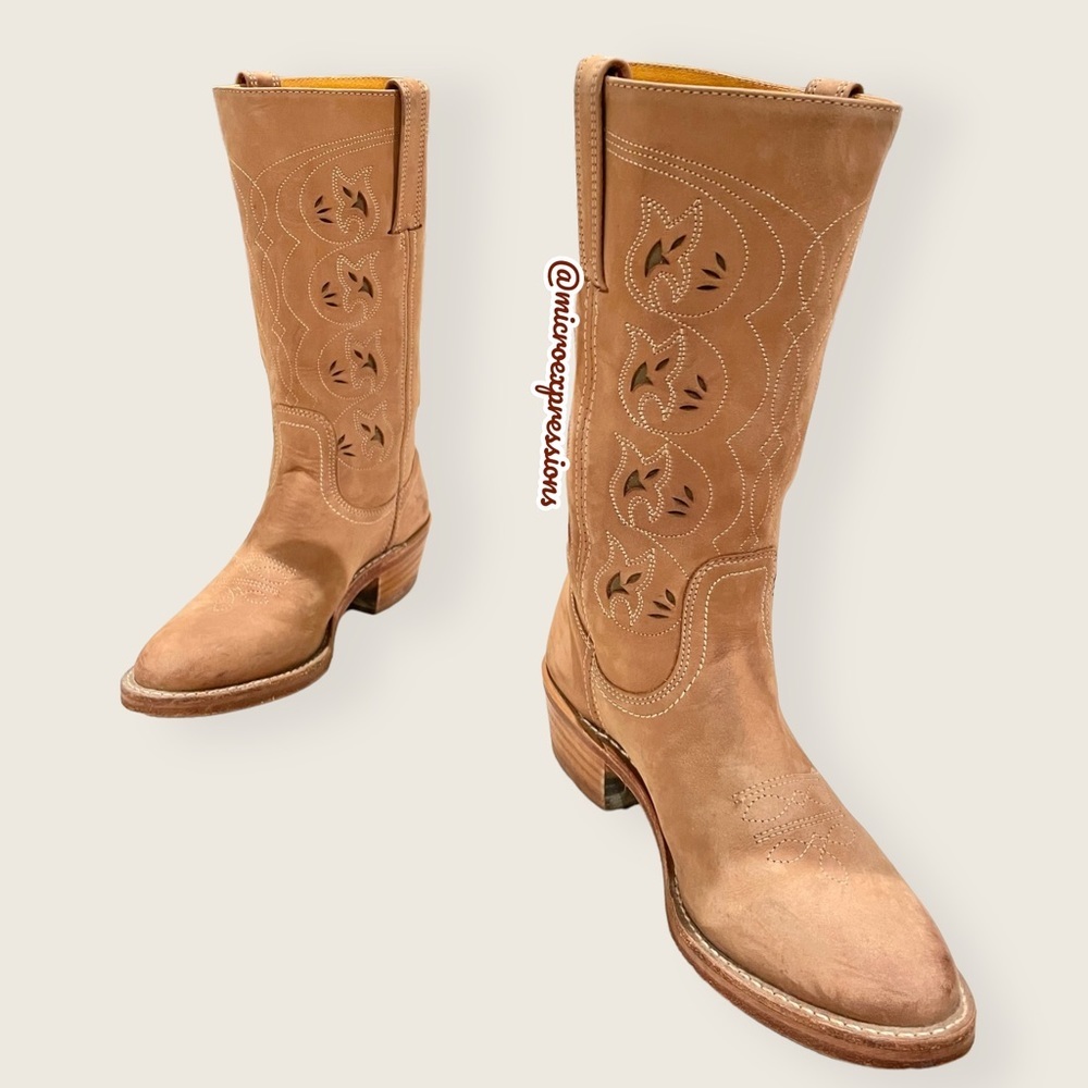 VINTAGE 1980 Frye Austin Tan Cottagecore Leather Floral Embroidered Cowboy Boot - Picture 7 of 13